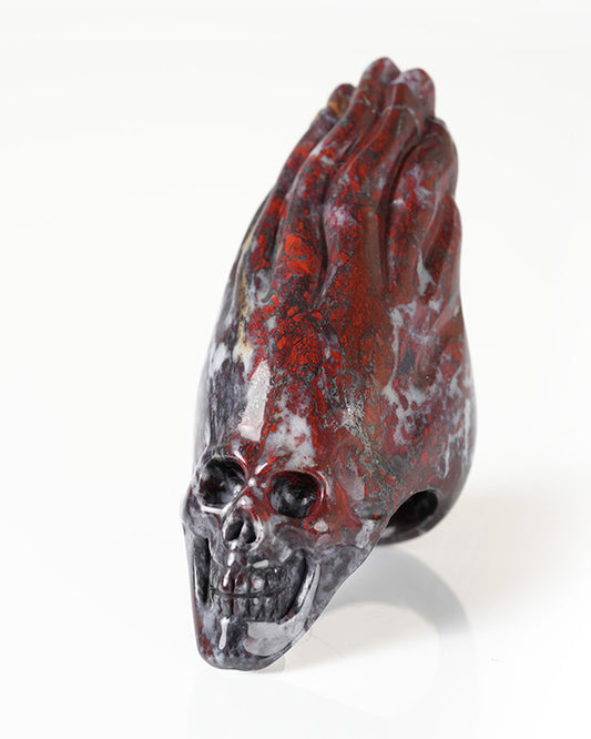 Gem Skull Ring of Chinese Bloodstone Carved Flaming Skull, US Size 9 - 9800278