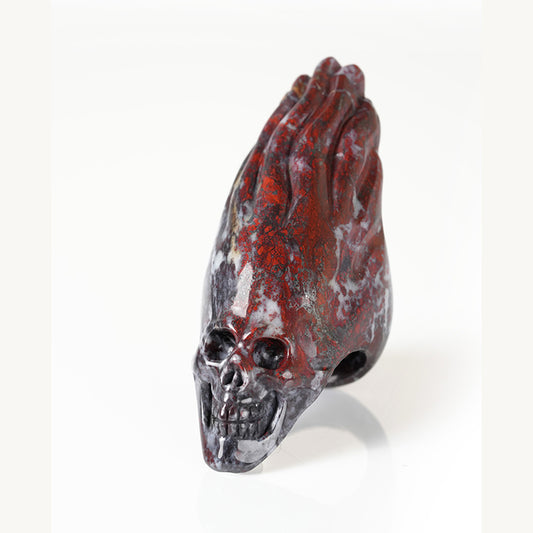 Gem Skull Ring of Chinese Bloodstone Carved Flaming Skull, US Size 9 - 9800278