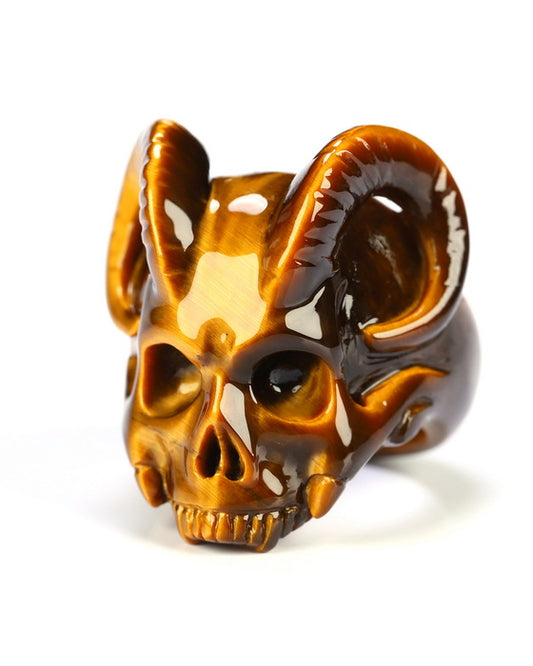 Gem Skull Ring of Gold Tiger's Eye Carved Beast Skull, US size 8 - 9800282