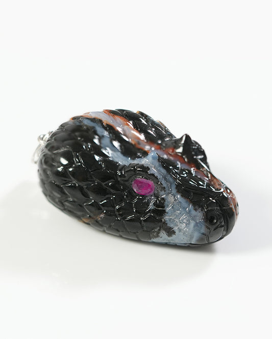 Gem Pendant Necklace of Black Zebra Agate Crystal Carved Snake Head with Ruby Eyes, 925 Sterling Silver - 9800304