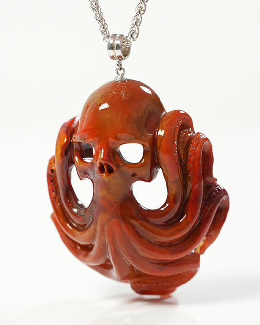 Skullis Signature Empire Red Agate Gem Skull with Octopus Tentacles Pendant or Necklace, Hand Carved, Sterling Silver 925 Chain, for Women & Men - 9800307