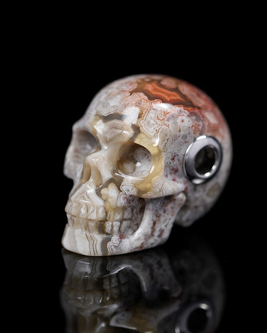 Skullis Signature Red Crazy Lace Agate Gem Skull Pendant or Necklace, Hand Carved, Sterling Silver 925 Chain, for Women & Men - 9800309