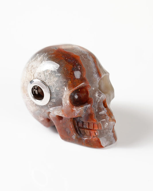 Skullis Signature Red Crazy Lace Agate Gem Skull Pendant or Necklace, Hand Carved, Sterling Silver 925 Chain, for Women & Men - 9800312