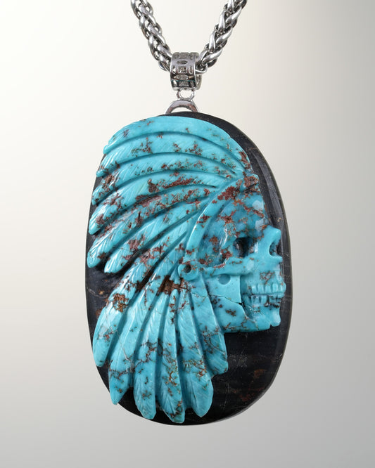 Skullis Signature Spiderweb Turquoise Gem Indian Skull Pendant or Necklace, Hand Carved, for Women & Men - 9800334