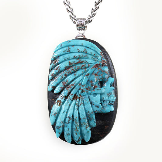 Skullis Spiderweb Turquoise (Matrix Turquoise) Gem Indian Skull Pendant or Necklace with Bail in 925 Sterling Silver, Hand Carved, for Women & Men - 9800334