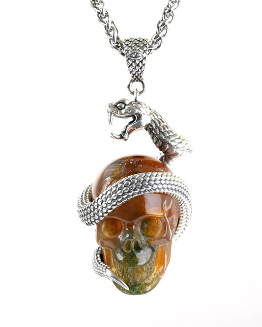 The Serpent’s Oath-Gem Skull Pendant Necklace of Green Moss Agate Carved Skull with 925 Sterling Silver Snake, for Women & Men - 9800337