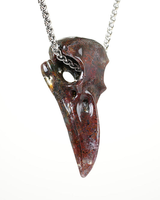 Skullis Signature Colorful Moss Agate Gem Raven Skull Pendant or Necklace, Hand Carved, Sterling Silver 925 Chain, for Women & Men - 9800340