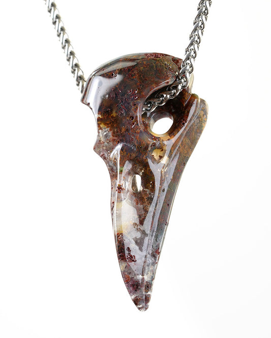 Skullis Green Moss Agate Gem Raven Skull Pendant or Necklace, Hand Carved, for Women & Men - 9800341