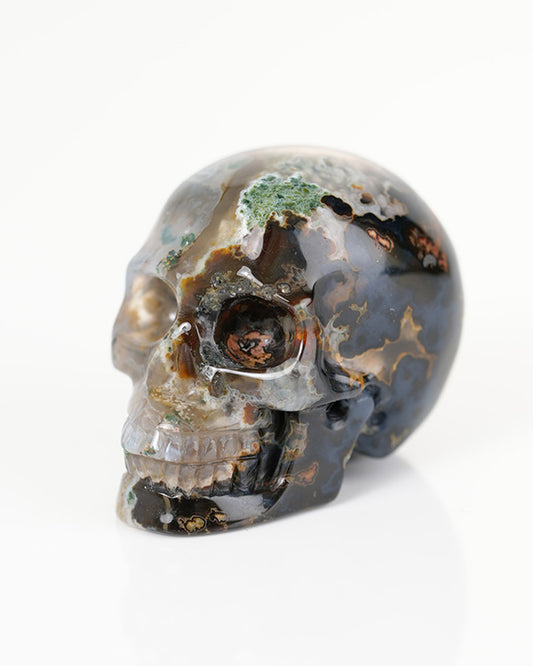 1.3" Green Moss Agate Carved Gem Skull, Skullis Realistic - 9800342
