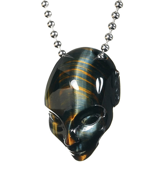 Eternal Night Elf - Gem Skull Pendant Necklace of Blue & Gold Tiger's Eye Carved Hollow Fairy Elf Alien with 925 Silver Chain - 9800548