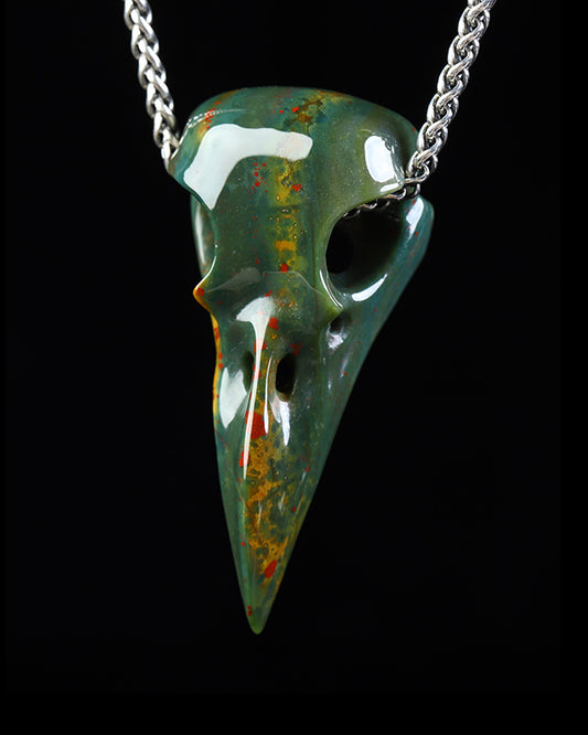 Night Pathfinder - Gem Raven Skull Pendant Necklace of Bloodstone Carved Raven Skull - ZR19800572