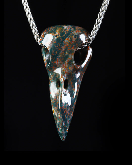 Night Pathfinder - Gem Raven Skull Pendant Necklace of Bloodstone Carved Raven Skull - ZR19800573