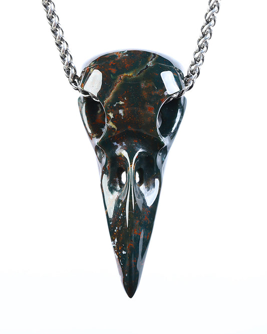 Night Pathfinder - Gem Raven Skull Pendant Necklace of Bloodstone Carved Raven Skull - ZR19800574