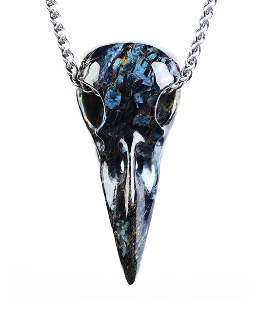 Eye of the Storm - Gem Raven Skull Pendant Necklace of Pietersite Carved Raven Skull - ZR19800575