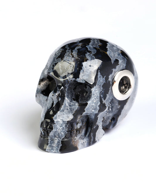 Skullis Signature Black Zebra Agate Gem Skull Pendant or Necklace, Hand Carved, for Women & Men - ZR19800576