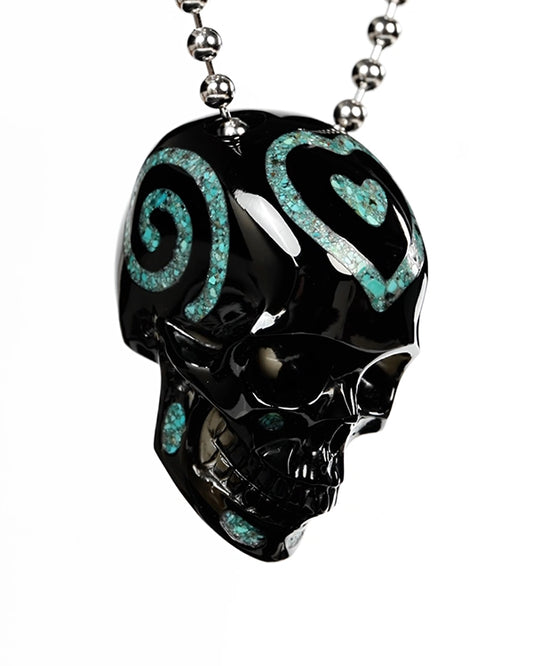 Ink & Sea - Gem Skull Pendant Necklace of Black Obsidian & Turquoise Inlaid Carved Hollow Skull with 925 Sterling Silver Chain - 9800583