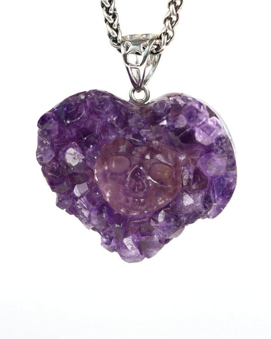 Gem Skull Pendant Necklace of Agate Amethyst Druse Carved Skull with Silver Bail in Sterling Silver-9900000