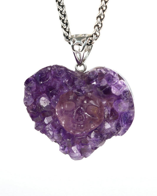 Gem Skull Pendant Necklace of Agate Amethyst Druse Carved Skull with Silver Bail in Sterling Silver-9900000