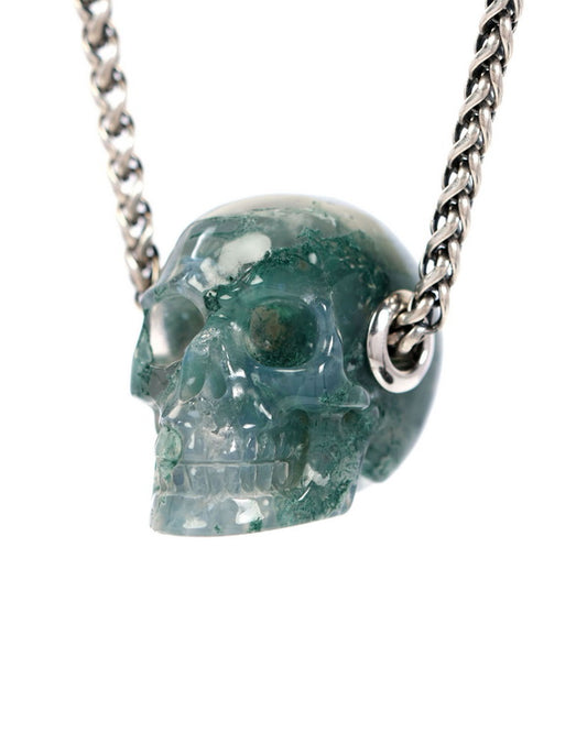 Skullis Signature Green Moss Agate Gem Skull Pendant or Necklace, Hand Carved, Sterling Silver 925 Chain, for Women & Men - 9900009