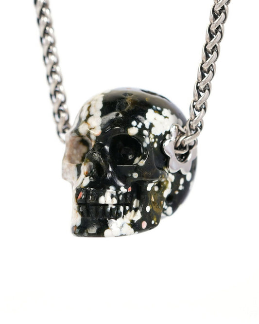 Skullis Signature Ocean Jasper Gem Skull Pendant or Necklace, Hand Carved, Sterling Silver 925 Chain, for Women & Men - 9900010