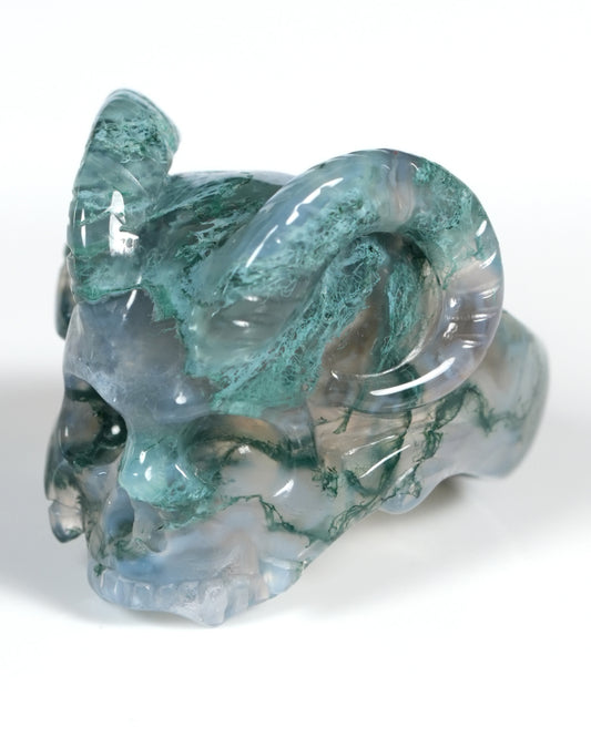 The Infernal Sovereign - Gem Skull Ring of Green Moss Agate  Carved Beast Skull, US size 11 - ZR19900029