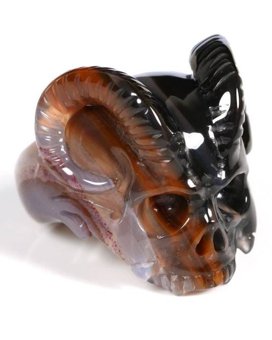 The Infernal Sovereign - Gem Skull Ring of Black Zebra Agate Carved Beast Skull, US size 10 - ZR19900032