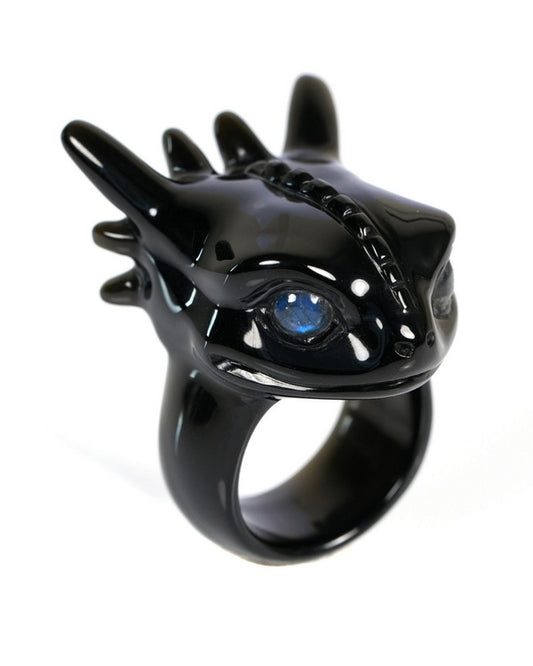 Skullis Black Obsidian Carved Toothless Dragon with Labradorite eyes, US size 10 - ZR19900033