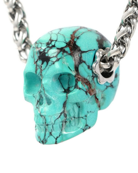 Skullis Signature Spiderweb Turquoise Gem Skull Pendant or Necklace, Hand Carved, Sterling Silver 925 Chain, for Women & Men - 9900036