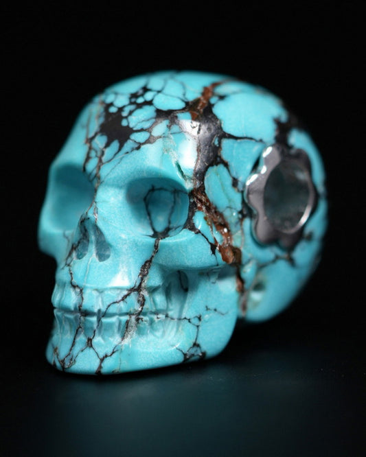 Skullis Signature Spiderweb Turquoise (Matrix Turquoise) Gem Skull Pendant or Necklace, Hand Carved, for Women & Men - 9900036