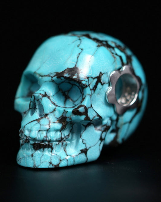 Skullis Signature Spiderweb Turquoise (Matrix Turquoise) Gem Skull Pendant or Necklace, Hand Carved, for Women & Men - 9900037
