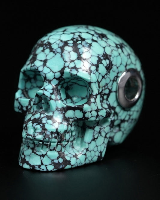 Skullis Signature Spiderweb Turquoise (Matrix Turquoise) Gem Skull Pendant or Necklace, Hand Carved, for Women & Men - 9900038