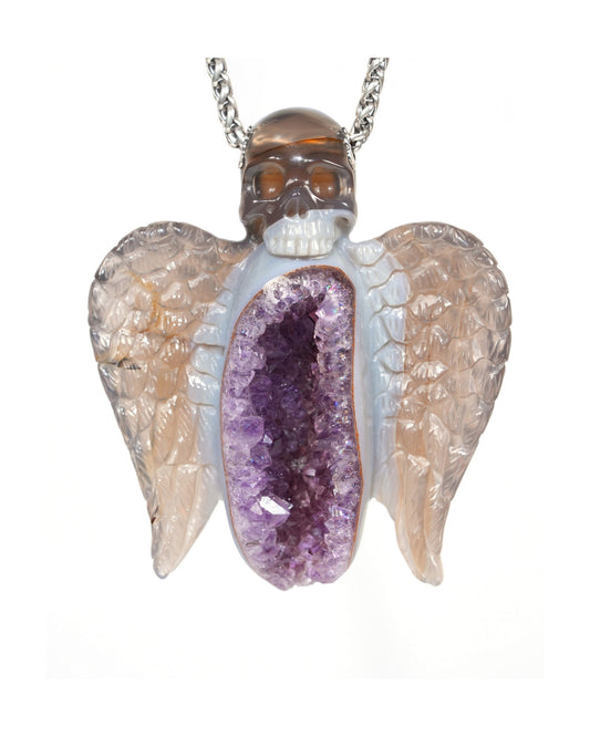 Skullis Agate Amethyst Geode Gem Wing Skull Pendant or Necklace, Hand Carved, for Women & Men - 9900039