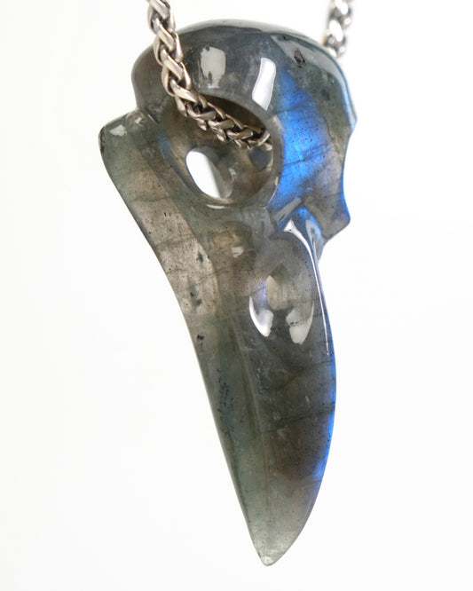 Night Pathfinder - Gem Raven Skull Pendant Necklace of Labradorite Carved Raven Skull - ZR19900044