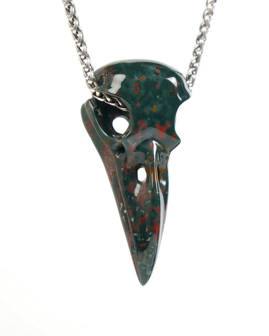 Night Pathfinder - Gem Raven Skull Pendant Necklace of Bloodstone Carved Raven Skull - ZR19900045