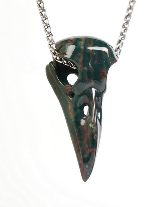 Night Pathfinder - Gem Raven Skull Pendant Necklace of Bloodstone Carved Raven Skull - ZR19900046