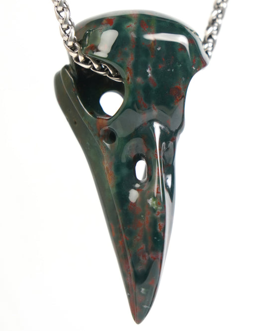 Night Pathfinder - Gem Raven Skull Pendant Necklace of Bloodstone Carved Raven Skull - ZR19900046