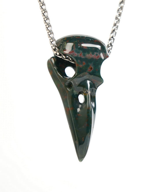 Night Pathfinder - Gem Raven Skull Pendant Necklace of Bloodstone Carved Raven Skull - ZR19900047