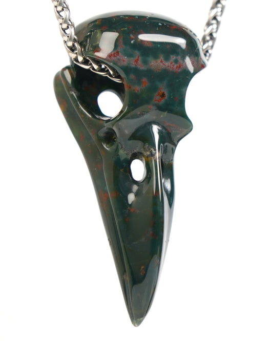 Night Pathfinder - Gem Raven Skull Pendant Necklace of Bloodstone Carved Raven Skull - ZR19900047