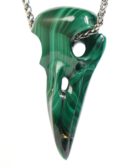 Night Pathfinder - Gem Raven Skull Pendant Necklace of Malachite Carved Raven Skull - ZR19900048