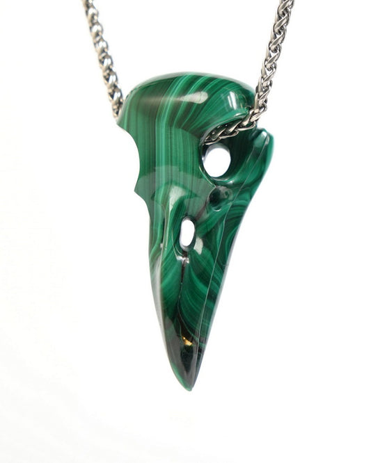 Night Pathfinder - Gem Raven Skull Pendant Necklace of Malachite Carved Raven Skull - ZR19900048