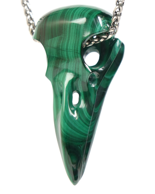 Night Pathfinder - Gem Raven Skull Pendant Necklace of Malachite Carved Raven Skull - ZR19900049