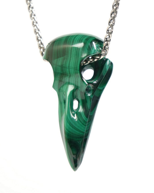 Night Pathfinder - Gem Raven Skull Pendant Necklace of Malachite Carved Raven Skull - ZR19900049