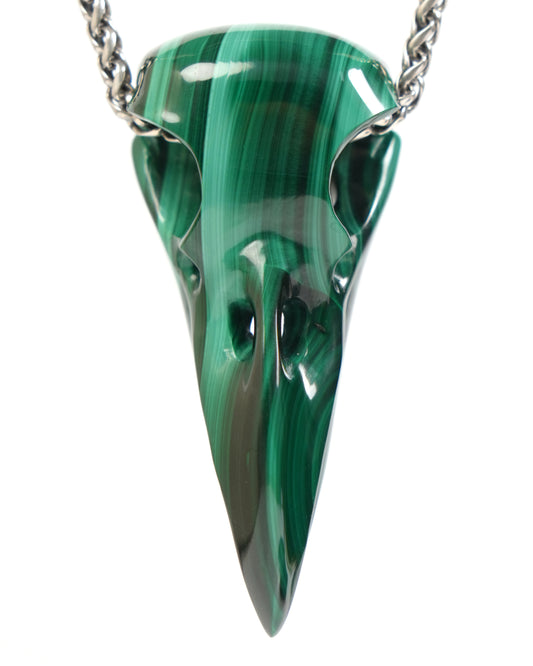 Night Pathfinder - Gem Raven Skull Pendant Necklace of Malachite Carved Raven Skull - ZR19900050