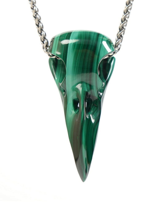 Night Pathfinder - Gem Raven Skull Pendant Necklace of Malachite Carved Raven Skull - ZR19900050