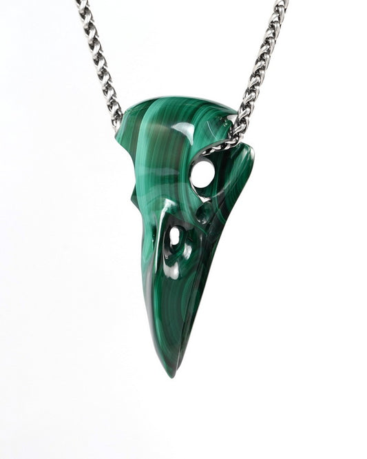 Night Pathfinder - Gem Raven Skull Pendant Necklace of Malachite Carved Raven Skull - ZR19900050
