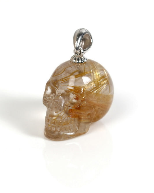 Minimalist Skull Pendant - Gem Skull Pendant Necklace of Rutilated Quartz Rock Crystal Carved Skull with Sterling Silver Bail - ZR19900052