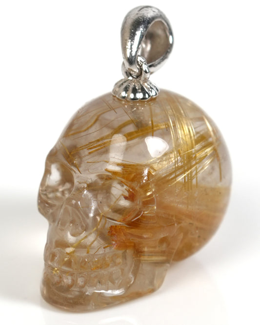 Minimalist Skull Pendant - Gem Skull Pendant Necklace of Rutilated Quartz Rock Crystal Carved Skull with Sterling Silver Bail - ZR19900052