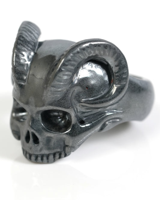 The Infernal Sovereign - Gem Skull Ring of Hematite Carved Beast Skull, US size 13 - ZR19900053