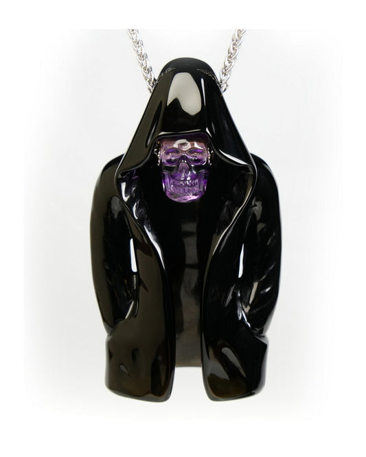 Skullis Black Obsidian & Amethyst Gem Skull Pendant or Necklace, Hand Carved, for Women & Men - ZR19900057