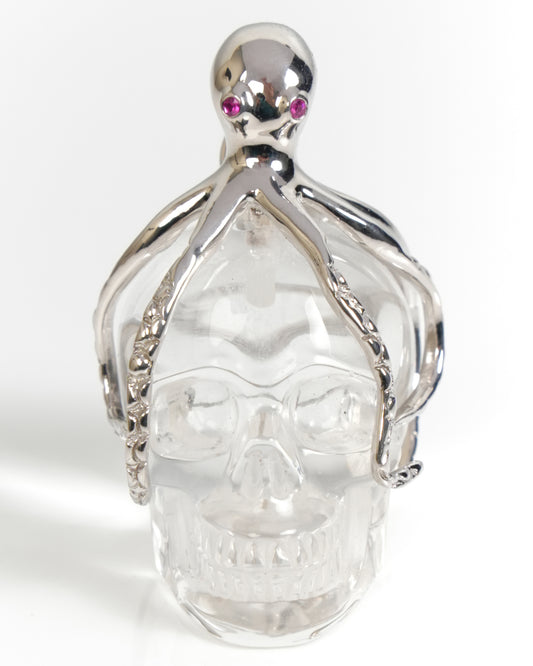 Embrace of the Abyssal Octopus - Gem Skull Pendant Necklace of Quartz Rock Crystal Carved Skull with Ruby Eyes Octopus in 925 Sterling Silver - ZR19900058